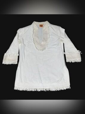 Tory Burch $395 Lester Tunic 3/4 Sleeve Top Size 6 Ivory Linen Fringe